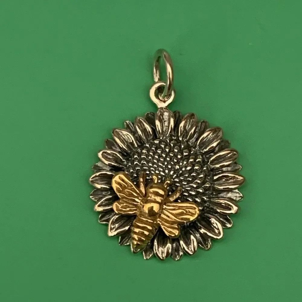 Sunflower Sterling Silver with Bronze Bumble Bee Jewelry Charm #keepsake #garden